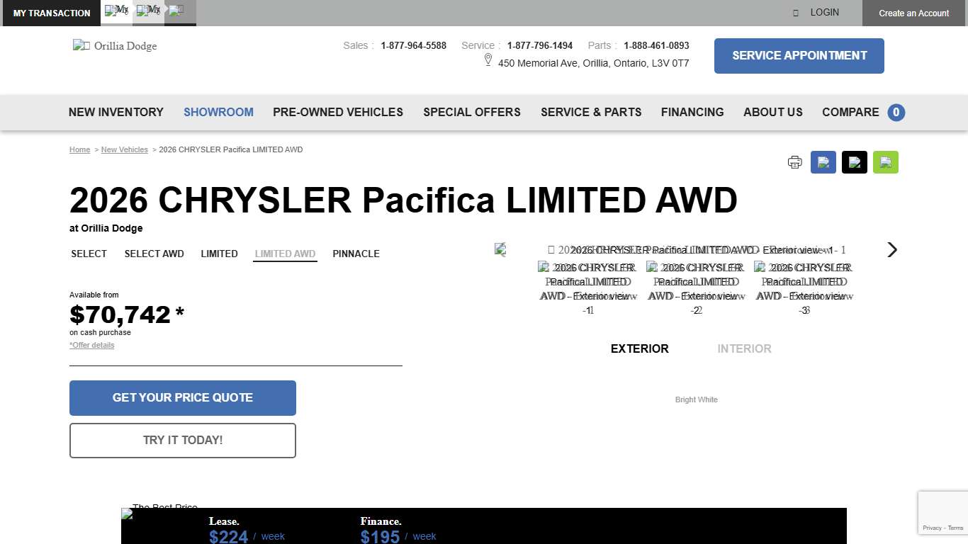2026 CHRYSLER Pacifica LIMITED AWD : Price and Features Orillia Dodge